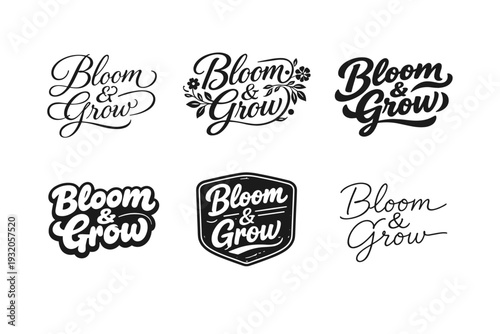 Bloom & Grow. Set lettering. harmonious lettering variations of the same emblematic concept, each with different artistic interpretation (Elegant script with