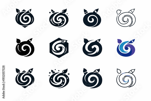 Getting lost in a hobby or creative project. Icon set. Set Logo of Getting lost in a hobby or creative project: creative flow spiral. harmonious logo