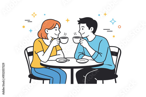 Couple sharing coffee. Two people sitting at a small outdoor cafe table, sipping coffee and smiling at each other, relaxed and intimate moment, subtle floating