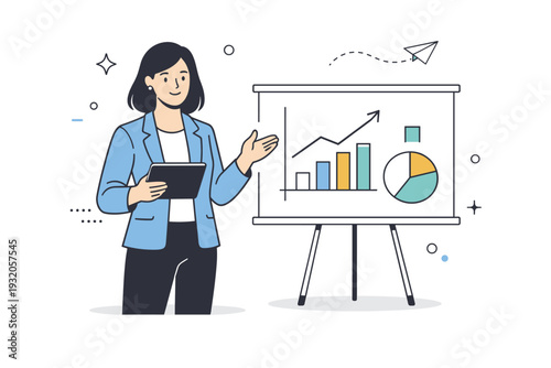 Leadership and confidence. A woman presenting ideas on a tablet or standing near a simple chart, calmly leading and inspiring. The illustration communicates