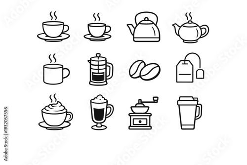 Hot Beverages. Line icon set of Hot Beverages: coffee cup, espresso cup, tea kettle, teapot, mug steam, french press, coffee beans, tea bag, cocoa cup, latte