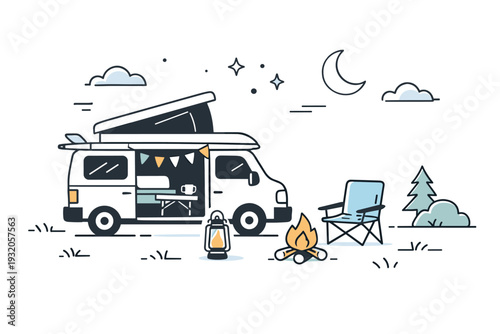 Van camping. A peaceful scene of a camper van set up for the night with simple camping elements like a chair and lantern. The illustration suggests calm