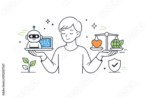 Ethical artificial intelligence. A thoughtful scene with a person balancing symbols of technology and responsibility. The illustration conveys trust, care, and