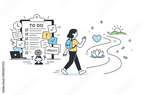 Rejecting burnout. A character stepping away from a crowded to-do list and choosing a calm path marked with soft icons. Gentle empowerment and