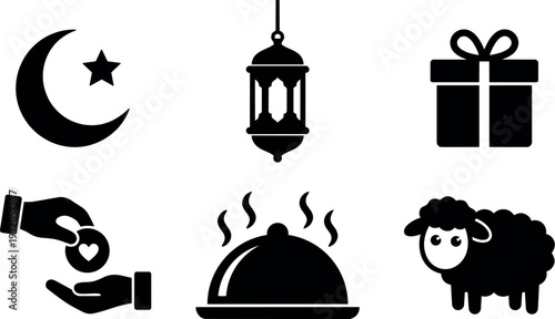 Flat design vector icons showing crescent star lantern gift charity serving dish and sacrificial sheep for eid al adha celebration