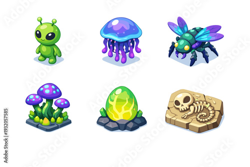 AlienLife. Isometric flat vector icons set of alienlife: small martian creature, floating alien jelly, alien insect, spore plant, glowing egg, alien fossil.
