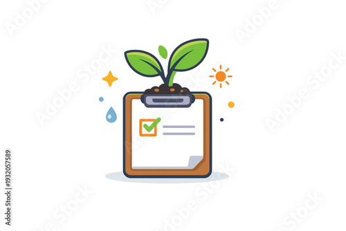 Slow productivity concept represented by a growing plant emerging from a clipboard with a single checked item. The scene reflects sustainable effort patience