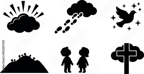 Flat design silhouette set showing sunrise cloud footsteps dove hill children and cross icons in minimalist spiritual theme black vector