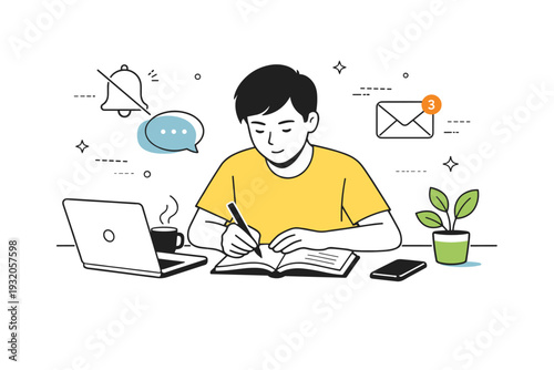 Deep focus workflow. A person working without interruptions while notifications remain muted in the background. Editorial scene emphasizing concentration,