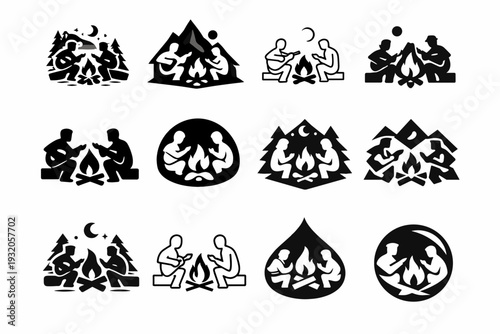 Indie music jam sessions. Icon set. Set Logo of Indie music jam sessions: campfire jam scene. harmonious logo variations of the same emblematic concept, each