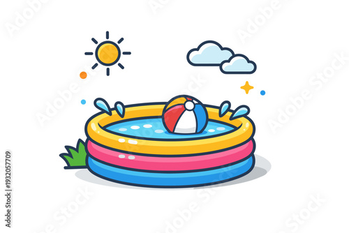 Pool Party sunny backyard scene with a colorful inflatable pool, floating beach ball, and small splashes of water, conveying fun, laughter, and summer leisure.
