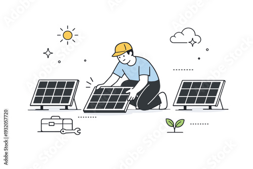 Solar power installation. Simple solar panels being carefully arranged by a person in a clean, abstract setting. The illustration communicates progress, care,