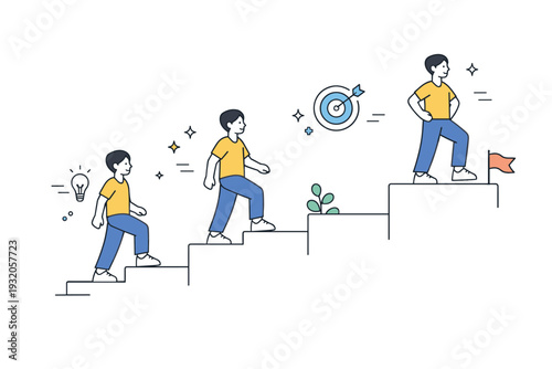 Building confidence. A person stepping forward gradually, supported by subtle progress markers or steps. The illustration suggests growth, learning and steady