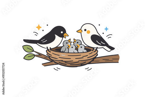 Nest with birds. A small nest in a tree with parent and baby birds, soft gentle colors, calm morning light, cozy and tender nature moment. Light decorative