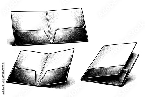 Paper folder open A detailed paper folder displayed as a single object in three views including fully open, partially open, and angled, focusing on flap