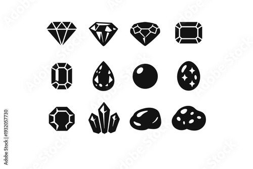 Gemstones. Solid icon set of gemstones: diamond, ruby, sapphire, emerald, topaz, amethyst, pearl, opal, garnet, crystal, jade, turquoise. Filled icons set in