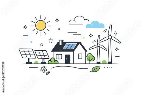Sustainable energy concept. Solar panels and wind turbines arranged around a small house, symbolizing clean energy and balance with nature. Calm optimistic