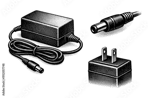 Retro game console power adapter external power supply brick with cable strain relief and connector tip, proportionally accurate. Black and white dot style