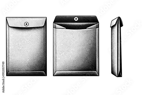 Manila Envelope ? Large document manila envelope presented in flat front view, slightly opened view, and side thickness profile, emphasizing folded paper