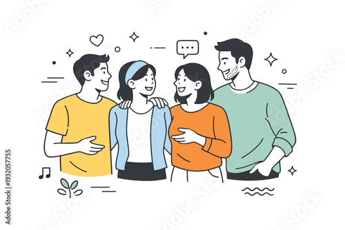 Friendly gathering atmosphere. Friends standing close together, smiling and chatting in a calm, balanced composition. Abstract decorative elements emphasize