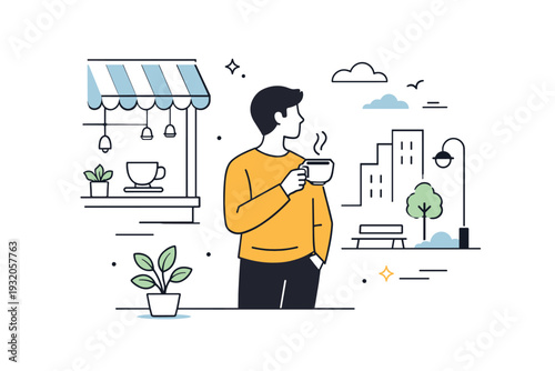 Urban coffee break. A person standing near a cafe window holding a cup of coffee, quiet city moment. Calm pause in a busy environment with soft architectural