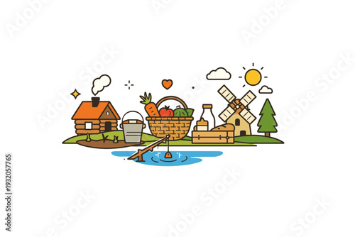 Low tech lifestyle philosophy symbolized by a small balanced scene of nature and handcrafted items, emphasizing simplicity, self sufficiency, and slower