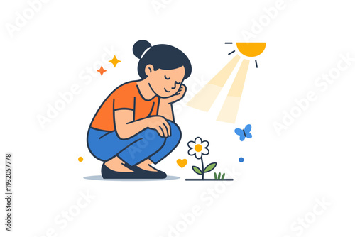 Micro joys reflected in a person pausing to notice a small flower or sunbeam, capturing quiet happiness found in ordinary moments. A gentle editorial metaphor