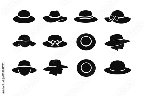 Bright Hat. Solid icon set of Bright Hat: sun hat, wide brim hat, straw hat, ribbon hat, summer hat, garden hat, fashion hat, floppy hat, hat top view, hat