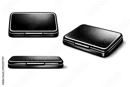Ink stamp pad closed A realistic closed ink stamp pad shown as a single object in three views including top, side, and angled perspective, emphasizing compact