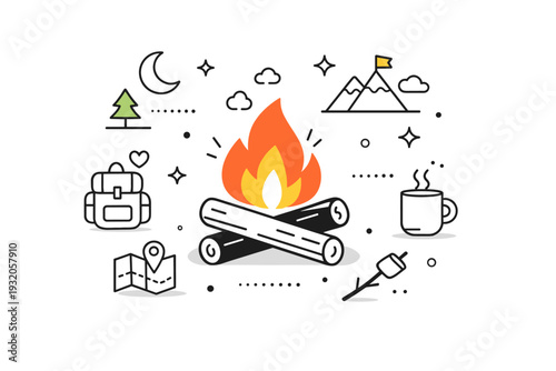 Camping fire concept. An abstract editorial composition combining a campfire, logs, stars, and outdoor icons in a clean layout. The illustration feels modern,