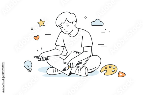 Loss of motivation. A person holding creative tools loosely, sitting quietly with minimal movement lines. Soft emotional scene showing low energy and creative