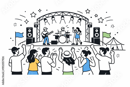Outdoor music festival stage. A crowd enjoying a live band on a brightly lit stage, people dancing and clapping under soft evening lights, capturing joyful