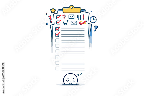 Decision fatigue daily choices pressure shown as a cluttered checklist gradually fading toward the bottom, expressing depletion of mental energy over the