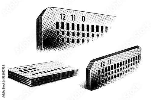 Punch card corner A realistic corner of a punch card shown as a single object in three views including close-up angles, side, and slightly rotated, emphasizing