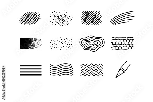 Burning Techniques. Line icon set of Burning Techniques: shading strokes, stippling, cross-hatching, line engraving, gradient burn, dot work, contour lines,