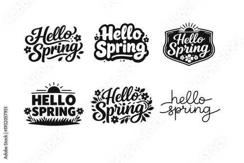 Hello Spring. Set lettering. harmonious lettering variations of the same emblematic concept, each with different artistic interpretation (Bold hand-lettering