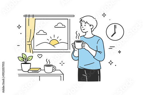 Daily life. A person starting the day calmly with a cup of coffee, standing near a window in a simple interior. The scene feels quiet and balanced, capturing a