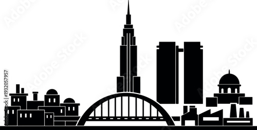 Flat design low skyline silhouette with arched bridge tall tower domed building industrial rooftops skyline close up black vector graphic