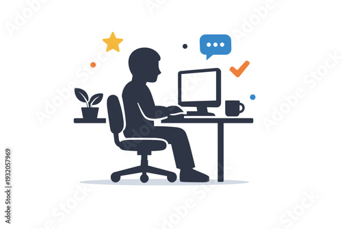 Office life modern workplace shown as a seated employee silhouette facing a computer screen, conveying concentration, digital work and professional calm.