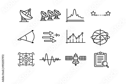 Astronomical Measurement. Line icon set of Astronomical Measurement: telescope dish, radio telescope array, spectrometer graph, star distance scale, parallax