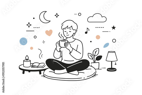 Evening wind down routine. A person relaxing at home with a cup of tea and soft lighting, slowing down after a busy day. Calm atmosphere with gentle decorative