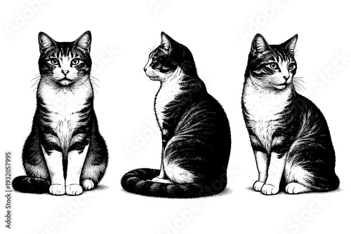 Domestic cat sitting A realistic domestic cat sitting upright shown in three views: front sitting view, side profile, and three-quarter angle, emphasizing