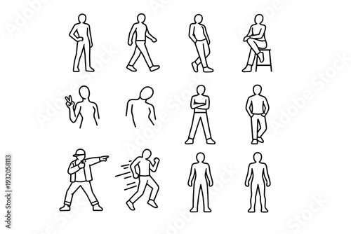 Model Posing. Line icon set of Model Posing: standing pose, walking pose, leaning pose, sitting pose, hand gesture, head tilt, confident stance, relaxed
