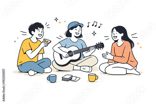 Friends having fun. A light scene of friends sharing laughter or simple activities together. The mood feels joyful but calm, with motion lines suggesting