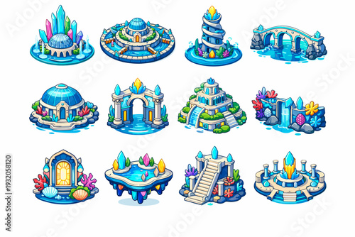 Atlantean Architecture. Colorful isometric vector icons set of Atlantean architecture: crystal palace, circular city layout, spiral tower, underwater bridge,