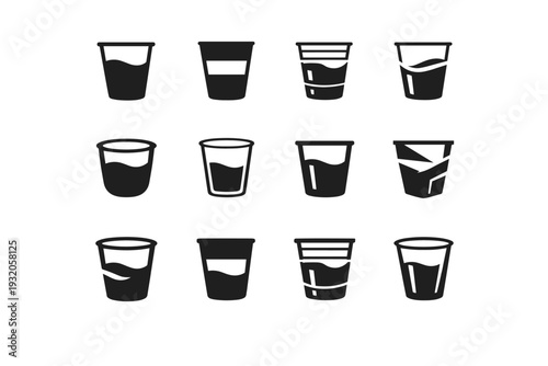 Plastic Cup. Icon set. Set Logo of Plastic Cup: cup with liquid level. harmonious logo variations of the same emblematic concept, each with different artistic