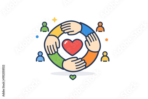 Community support network concept showing hands connecting around a central heart icon with small people symbols nearby, representing unity, care, and mutual