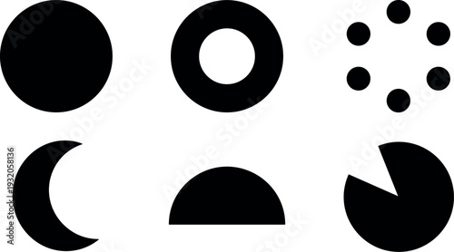 Minimalist flat design geometric icons set circle donut loading dots crescent moon semicircle horizon pie chart black simple shapes vector
