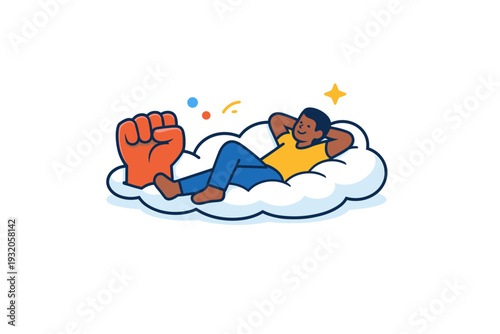 Rest as resistance expressed through a relaxed human figure reclining on a soft cloud with a raised fist shaped pillow nearby. The scene conveys intentional