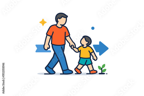 Parenting guidance illustrated by an adult holding a child?s hand while walking forward, conveying direction, support and steady growth. A clear visual